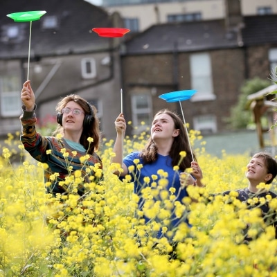 three children spinning plates in a meadow
